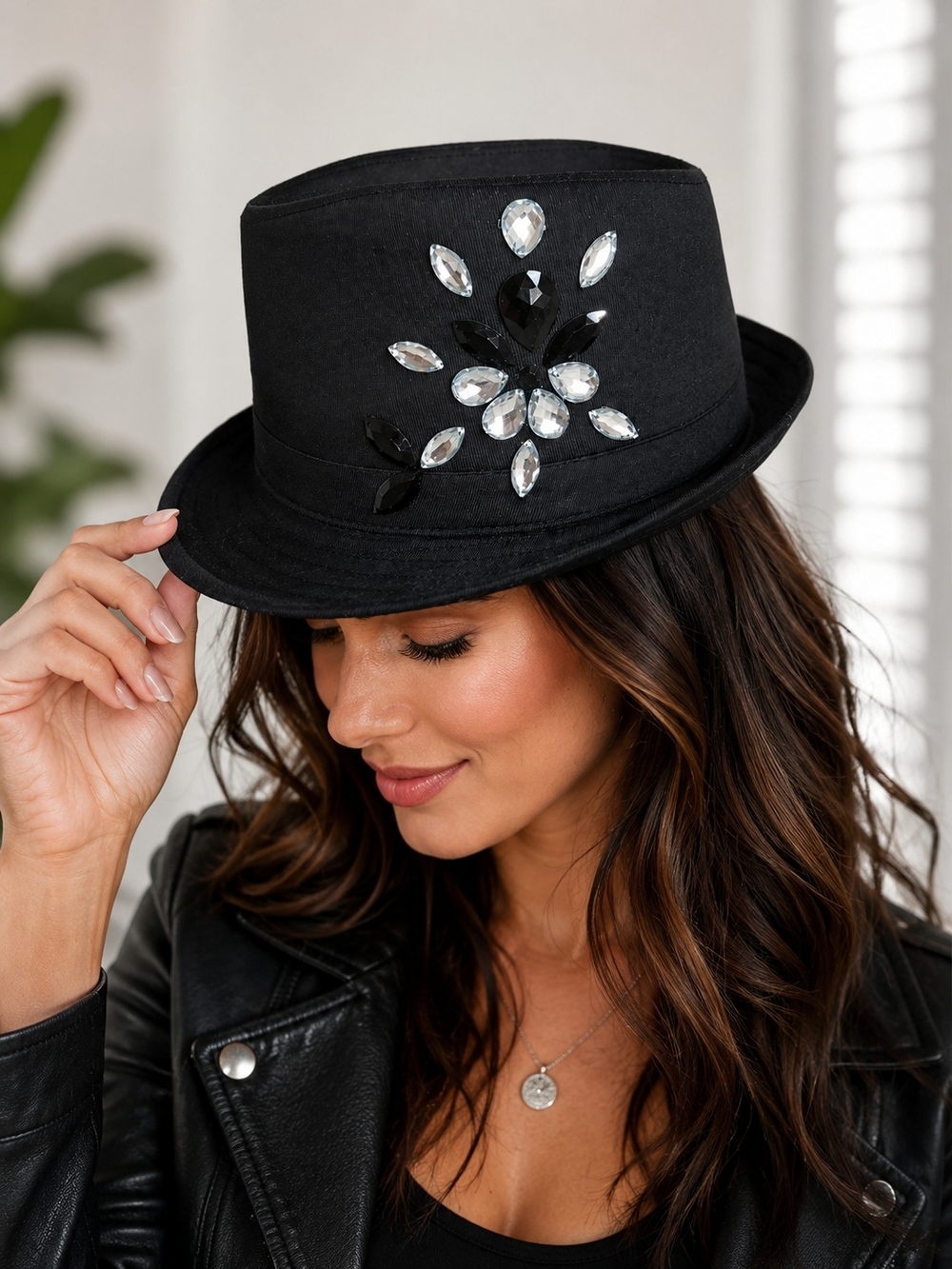 Black Bling Fedora Rhinestone Crystal Hat Glam Jazz Gangster Statement Fedora